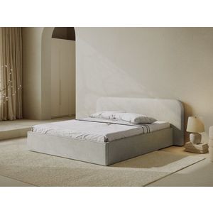 Pat tapitat cu somiera rabatabila si lada depozitare, 200x200 cm, Micadoni Home, Elizabeth-260, tesatura boucle, gri bej melange imagine