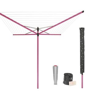 Uscator de rufe rotativ cu 4 brate + cu suport fixare pamant + husa + set carlige rufe, Brabantia, Lift-O-Matic, 50 m capacitate de uscare, otel, roz imagine