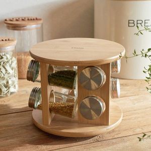 Set 8 recipiente pentru condimente si suport Bambou, Homla, 15x19 cm, bambus/sticla, natur/transparent imagine