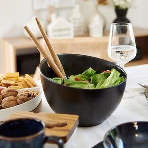Bol pentru salata si 2 ustensile Mooka, Homla, 24 cm, portelan, negru imagine