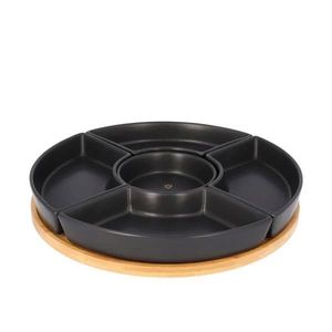 Set 5 boluri pentru servire cu suport Fincan, Homla, 30 cm, portelan/lemn, negru/natur imagine