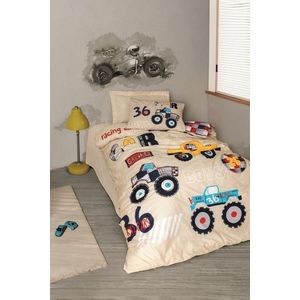 Lenjerie de pat pentru o persoana Young, Cars - Beige v2, Cotton Box, Bumbac Ranforce imagine