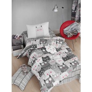 Lenjerie de pat pentru o persoana, Duvarda Kediler - Grey, EnLora Home, 65% bumbac/35% poliester imagine
