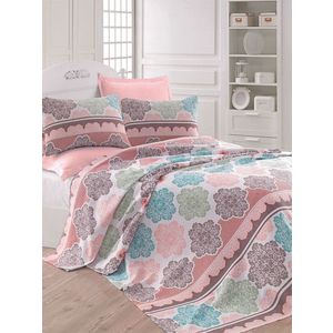 Set cuvertura pique dubla 3 piese, Andalucia - Turquoise, EnLora Home, Bumbac imagine