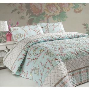 Set cuvertura matlasata Single 160x220 cm, 2 piese, Birdcage - Turquoise, Eponj Home, 70% bumbac / 30% poliester imagine