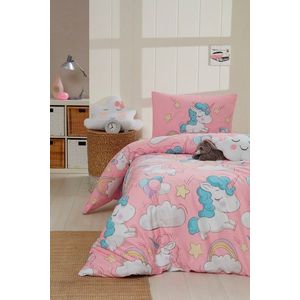 Lenjerie de pat pentru o persoana, Unicornio - Pink, EnLora Home, 65% bumbac/35% poliester imagine