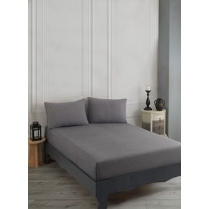 Set de pat dublu (cearceaf cu elastic si perne) 3 piese, Road Potlu - Black, EnLora Home, 70% bumbac/30% poliester imagine