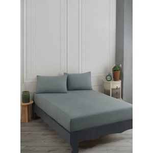 Set de pat dublu (cearceaf cu elastic si perne) 3 piese, Road Potlu - Green, EnLora Home, 70% bumbac/30% poliester imagine