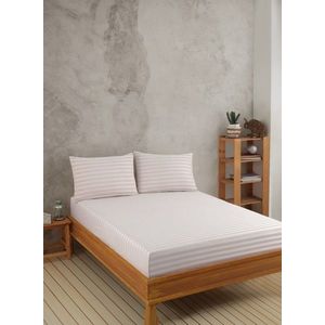 Set de pat dublu (cearceaf cu elastic si perne) 3 piese, Water Yollu Saten - Beige, EnLora Home, 70% bumbac/30% poliester imagine