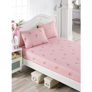 Set de pat dublu (cearceaf cu elastic si perne) 3 piese, Alanur - Pink, Eponj Home, 65% bumbac/35% poliester imagine