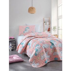 Set cuvertura Single 160x220 cm, 2 piese, Unicornio - Pink, EnLora Home, 65% bumbac/35% poliester imagine