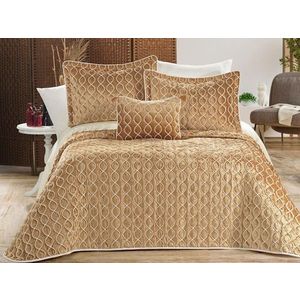 Set cuvertura de pat dubla 3 piese, Brillance - Gold, Dowry World, Catifea imagine