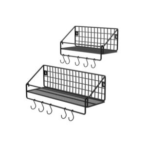 Set 2 rafturi de perete cu 10 agatatori, Songmics, 40x13x12 cm/30x13x12 cm, otel, negru imagine