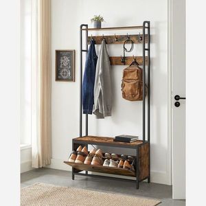 Cuier cu pantofar, Vasagle, Industrial Design, 9 agatatori, 85x30x180 cm, PAL/otel, maro imagine