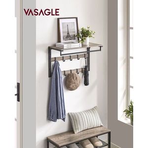 Cuier de perete, Vasagle, cu 10 agatatori, 65x30x42 cm, PAL/otel, gri/negru imagine