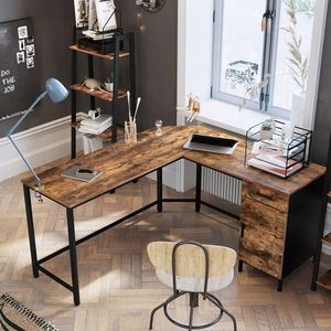 Birou in forma de L / birou de colt, Vasagle, Industrial, cu sertare, 137x150x75 cm, PAL/otel, maro imagine
