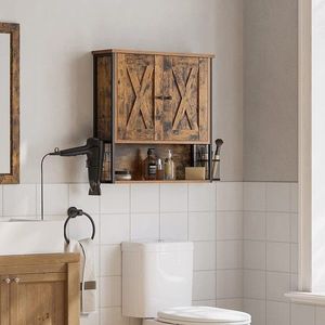 Dulap de perete cu 3 rafturi si suport uscator de par, Vasagle, 60x16x60 cm, PAL/otel, maro rustic imagine