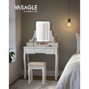 Masa de toaleta cu taburet si oglinda cu LED-uri si rotire 360 / masuta dressing, Vasagle, 80s40s137.5 cm, MDF/lemn de pin/lemn de cauciuc, alb imagine