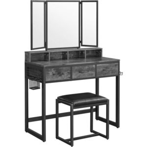 Masa de toaleta cu oglinda si taburet / masuta dressing, Vasagle Industrial, 90x40x141 cm, PAL/oglinda, maro imagine