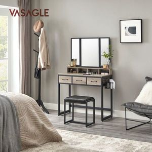 Masa de toaleta cu taburet / Masuta dressing, Vasagle, Industrial, 90x40x141 cm, PAL/otel/piele ecologica, gri imagine
