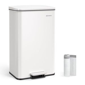 Cos de gunoi cu pedala 40 L, Songmics, inchidere soft close, include 15 saci de gunoi, 34.5x32x59.5 cm, otel, alb imagine