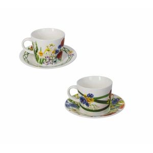 Set 2 cesti cu farfurie pentru cafea, Fiori Di Campo, Brandani, D11x6 cm, 50 ml, portelan New Bone China imagine