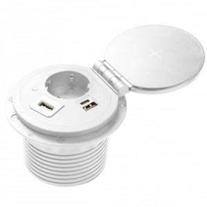 Priza incorporabila in blat Charger Plus, cu o priza Schuko, incarcator wireless si porturi incarcare interschimbabile USB tip A+C, HDMI, RJ45, finisaj alb imagine