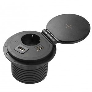 Priza incorporabila in blat Charger Plus, cu o priza Schuko, incarcator wireless si porturi incarcare interschimbabile USB tip A+C, HDMI, RJ45, finisaj negru imagine