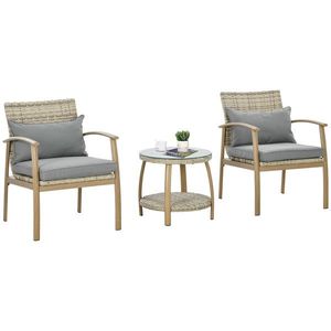 Outsunny Set Mobilier Terasă 3 Piese din Răchită, Salon Exterior cu Perne Moi și Masă de Cafea din Sticlă Securizată, Confortabil | Aosom Romania imagine