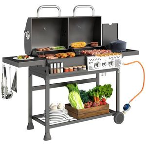 Outsunny Grill Gaz-Cărbune, 3 Arzătoare 7kW, Negru | Aosom Romania imagine