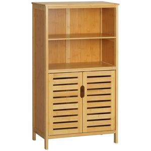 kleankin Mobile Bagno in Bambù, Mobiletto Bagno Salvaspazio con 2 Ante a Persiana e Ripiani Aperti, Armadietto da Terra per Sala da Pranzo, Salotto, Soggiorno, Cucina, 50x29x92 cm, Color Legno | Aosom Romania imagine