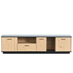 Comodă TV cu O Sertar, Trei Uși și Două Rafturi din Sticlă, Iluminare LED cu 15 Culori Variabile, 180x40x45 cm, Negru+ Natural imagine