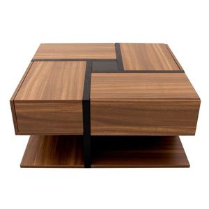 Masă de cafea cu 4 sertare, design unic de culori și linii, spațiu de depozitare inferior, 78×78×36 cm, Natural imagine
