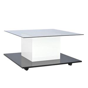 Măsuță de cafea modernă din sticlă lucioasă cu bandă LED reglabilă și roți pivotante, 80×80×40 cm, Alb+Negru imagine