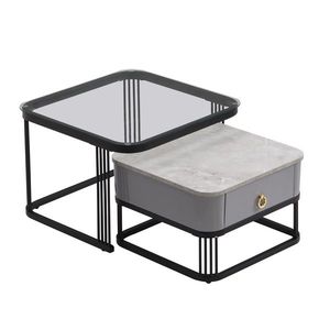 Set de 2 Măsuțe de Cafea Suprapozabile cu Blat din Marmură Lucioasă și Sticlă, Structură din Metal și Sertare, 60x60x42 cm + 50x50x34 cm, Negru imagine