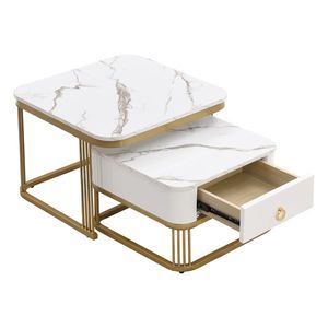 Set de Măsuțe de Cafea Suprapozabile din Marmură Lucioasă cu Detalii Aurii și Sertare, 60x60x45 cm + 50x50x34 cm, Alb imagine