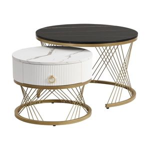 Set de 2 Măsuțe de Cafea Moderne Modulare din Marmură Sintetică cu Detalii Aurii și Sertare, Dimensiuni 70x70x45 cm și 50x50x40 cm, Negru imagine