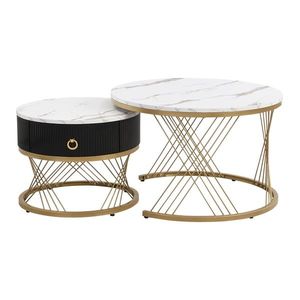 Set de 2 Măsuțe de Cafea Moderne Modulare din Marmură Sintetică cu Detalii Aurii și Sertare, Dimensiuni 70x70x45 cm și 50x50x40 cm, Alb imagine