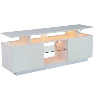 Modernă comodă TV cu iluminare LED în 16 culori, panou frontal lucios, raft de sticlă, 140×35×61 cm, Alb imagine