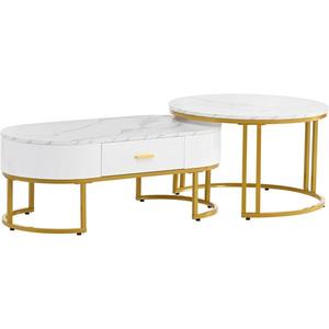 Set de 2 Măsuțe de Cafea Moderne cu Structură din Metal Auriu și Rafturi Spațioase, Dimensiuni 100x48x38, 5 cm și 70x70x44, 5 cm, Alb imagine