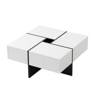 Elegantă măsuță de cafea lucioasă cu 4 sertare, compartiment de depozitare integrat, 70×70×35 cm, Alb+Negru imagine