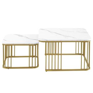 Set de 2 măsuțe pătrate din marmură lucioasă, măsuțe suprapozabile cu picioare aurii, 70×70×45 cm și 50×50×36, 5 cm, Alb imagine