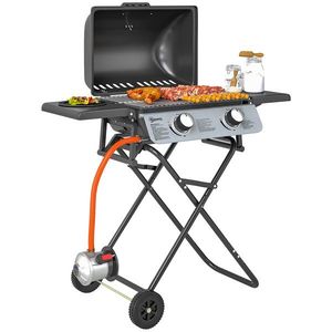 Outsunny Barbecue pe Gaz 2 Arzătoare, 2 Rafturi, Capac și Termometru Negru | Aosom Romania imagine