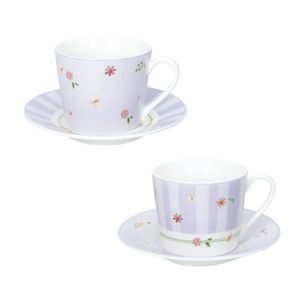 Set 2 cesti cu farfurie pentru cafea, Polline Lilac, Brandani, D11x7 cm, 50 ml, portelan New Bone China imagine