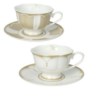 Set 2 cesti cu farfurie pentru ceai, Golden Eye, Brandani, D15x7.5 cm, portelan New Bone China imagine