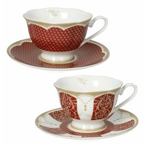 Set 2 cesti cu farfurie pentru ceai, Golden Eye Red, Brandani, D15x7.5 cm, portelan New Bone China imagine