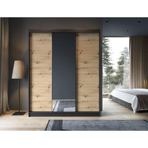 Dulap pentru haine cu oglinda ELTAP, Esville III, 180x60x220 cm, MDF/ABS, negru/stejar imagine