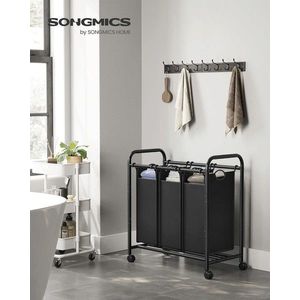 Cos de rufe cu 3 compartimente si roti, Songmics, 3 x 44 L, 77.6x41.5x83.4 cm, fier/tesatura oxford, negru imagine