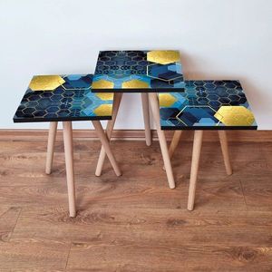 Set masute 3 piese, Leona, 3SHP160, Bleumarin / Albastru / Auriu imagine