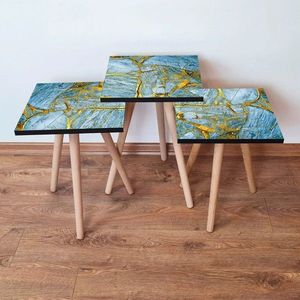 Set masute 3 piese, Leona, 3SHP235, Albastru / Auriu imagine
